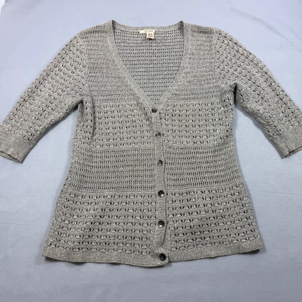 DKNY Jeans Gray Open Knit Pointelle Cardigan Sweater 3/4 Sleeve XL KCMUZ053